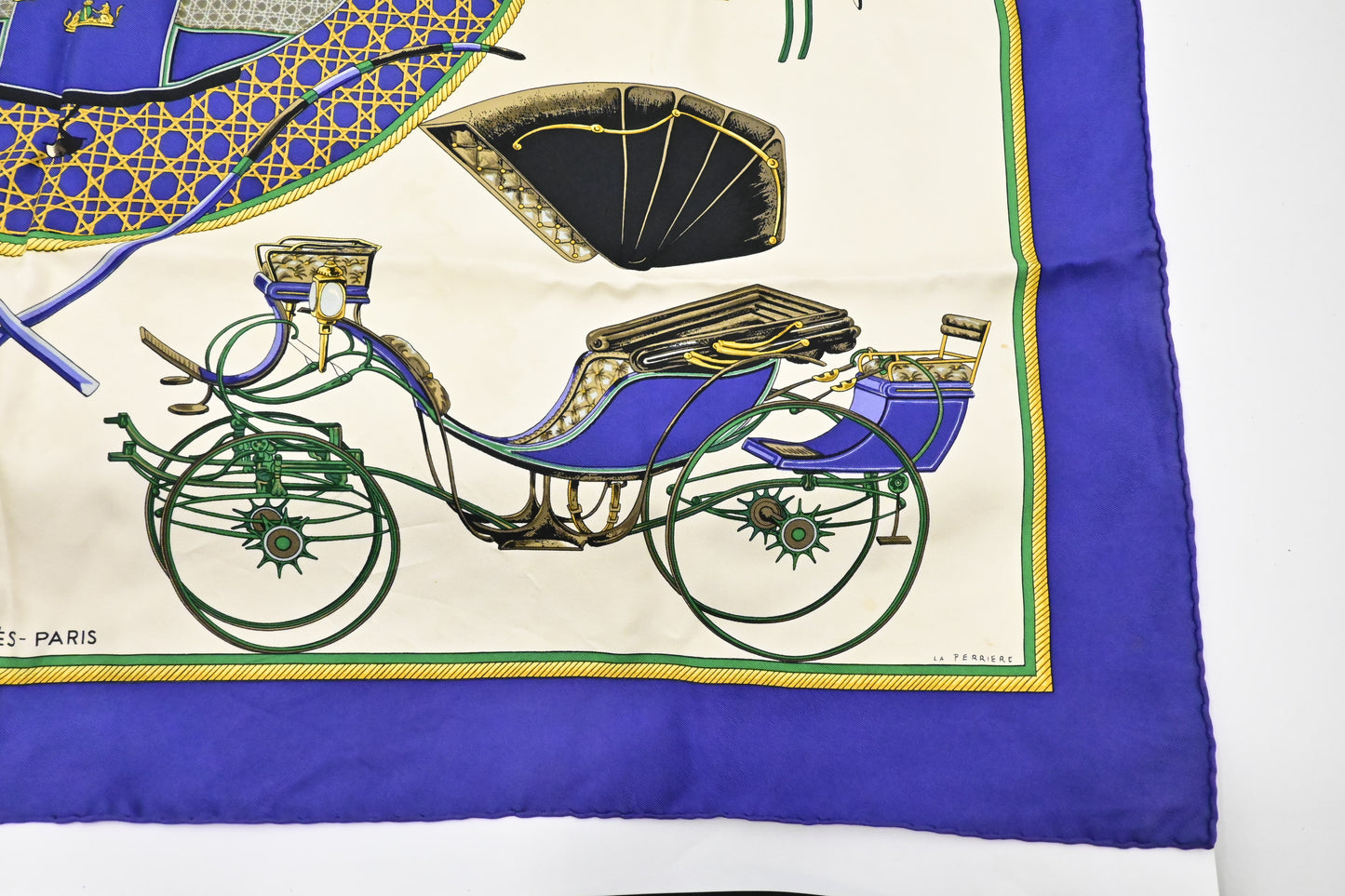 Hermes 'Les Voitures A Transformation' Carre 90 in Blue Silk