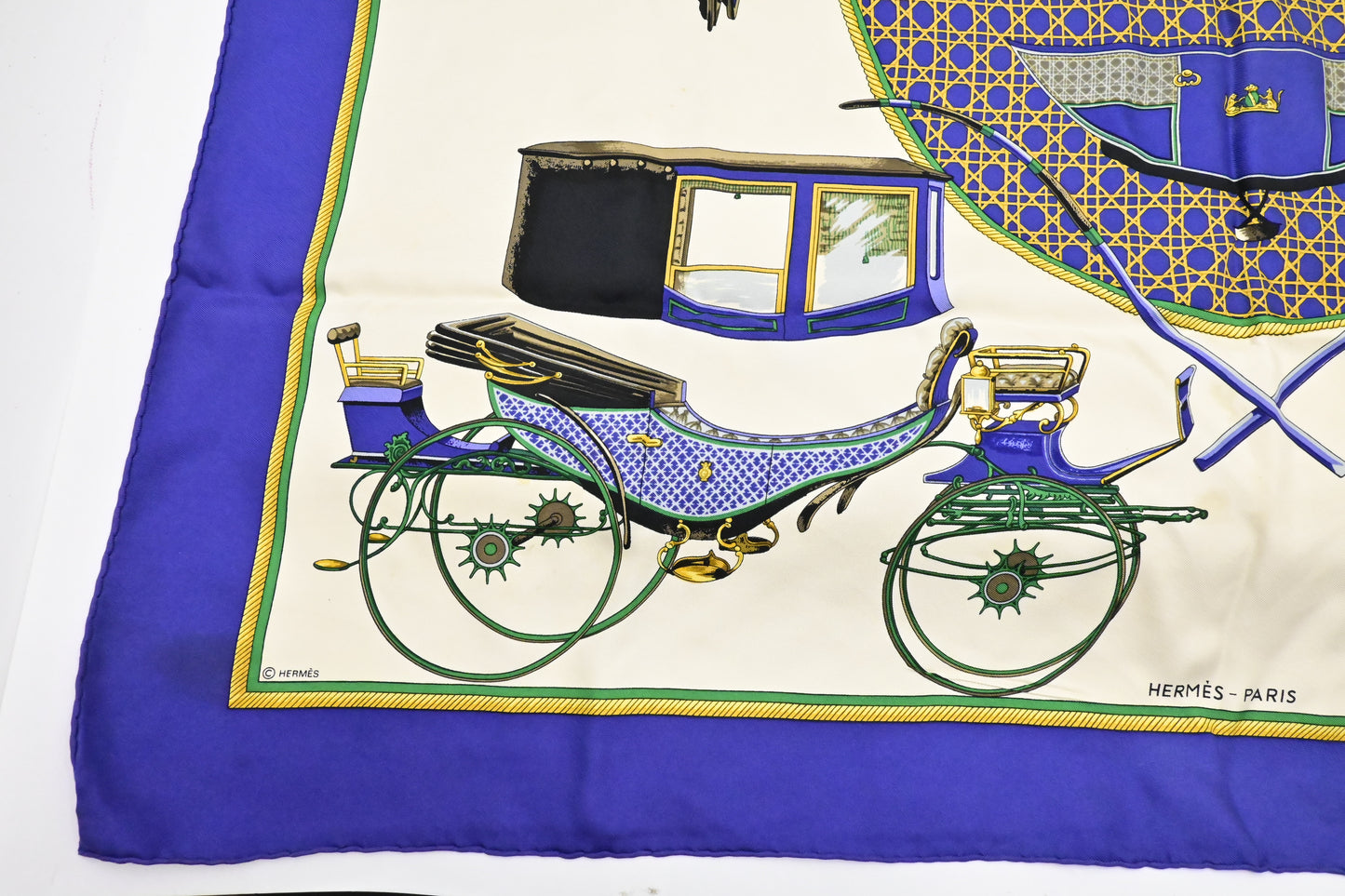 Hermes 'Les Voitures A Transformation' Carre 90 in Blue Silk
