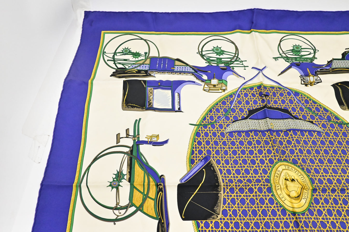 Hermes 'Les Voitures A Transformation' Carre 90 in Blue Silk