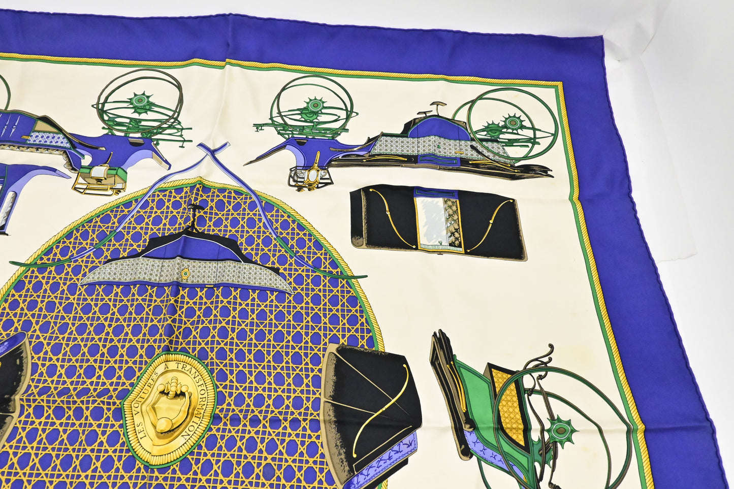 Hermes 'Les Voitures A Transformation' Carre 90 in Blue Silk