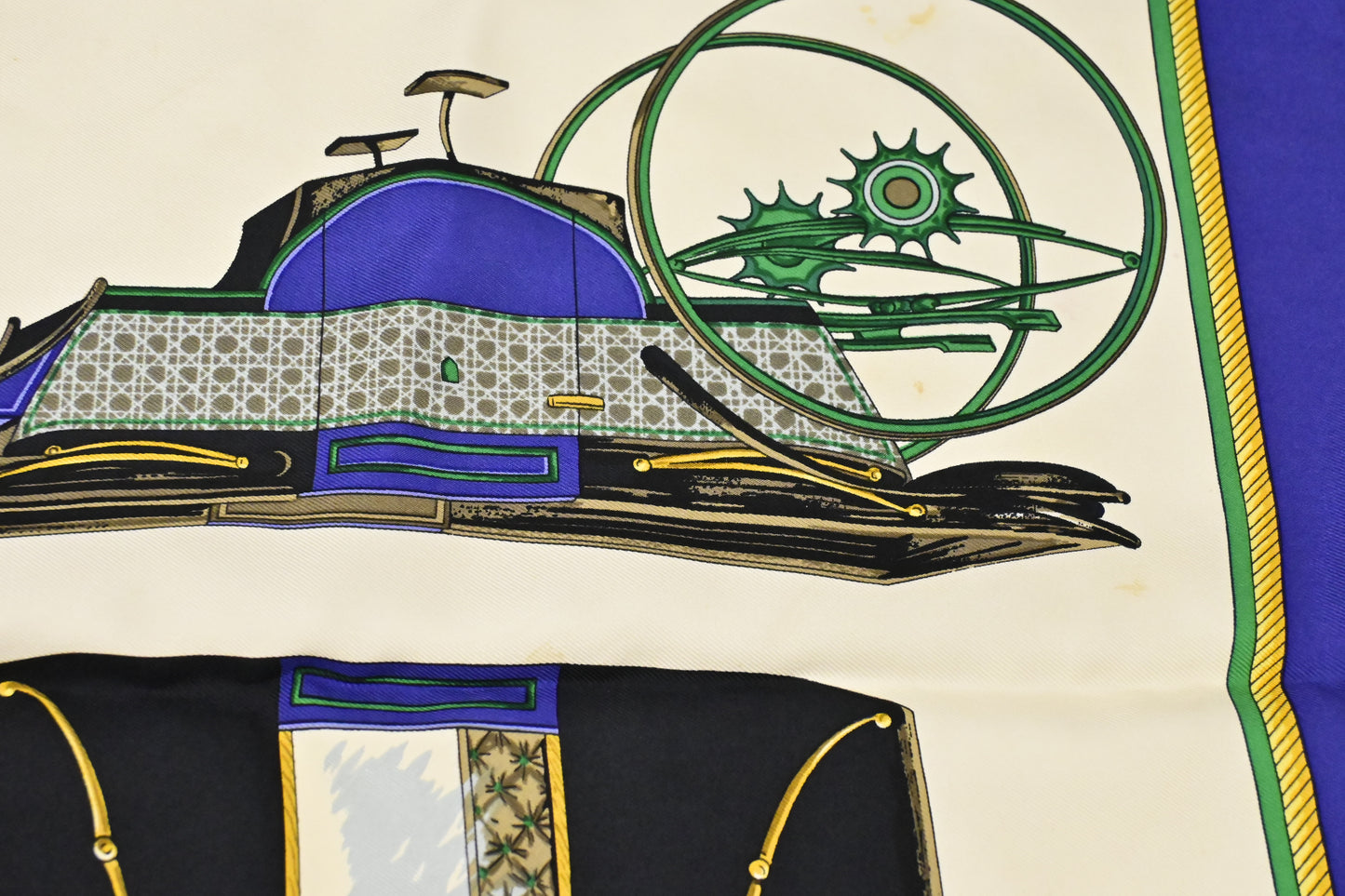 Hermes 'Les Voitures A Transformation' Carre 90 in Blue Silk