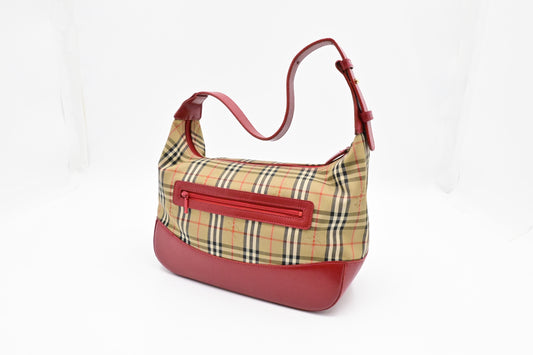 Burberry Shoulder Bag in Checked Canvas & Red Leather