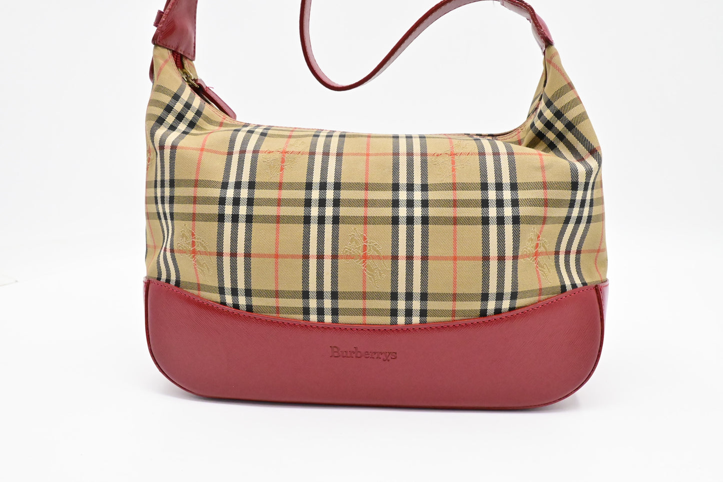 Burberry Shoulder Bag in Checked Canvas & Red Leather
