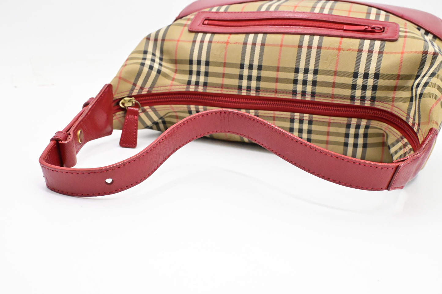 Burberry Shoulder Bag in Checked Canvas & Red Leather