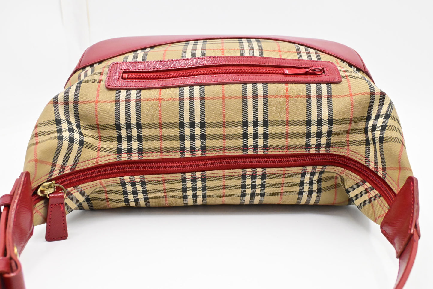 Burberry Shoulder Bag in Checked Canvas & Red Leather