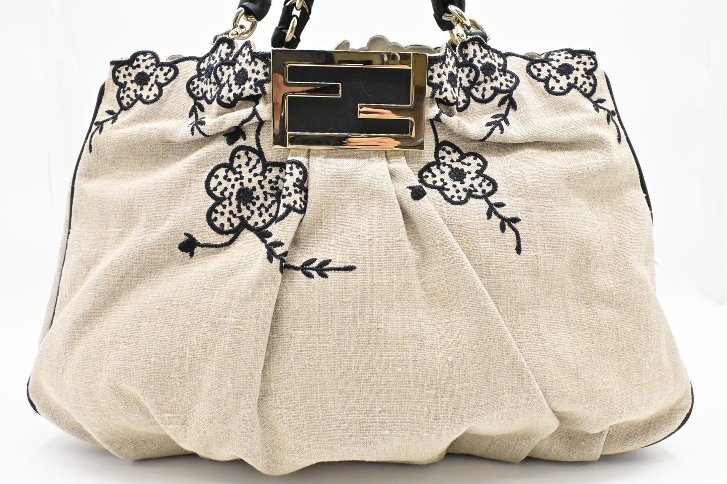 Fendi Tote Flower Embroideries in Beige Canvas
