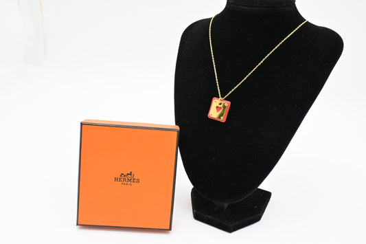 Hermes As De Coeur Necklace in Rouge Leather
