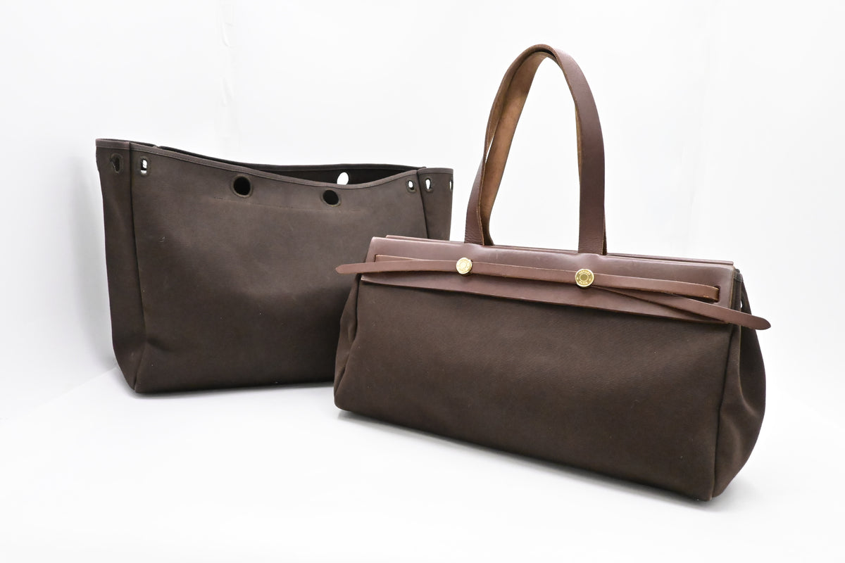 Hermes Herbag Cabas 40 in Brown Leather & Canvas