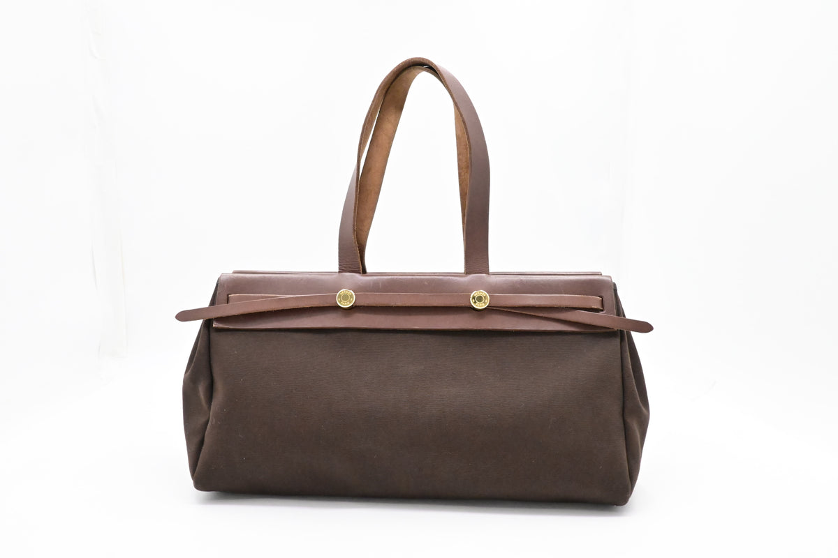 Hermes Herbag Cabas 40 in Brown Leather & Canvas