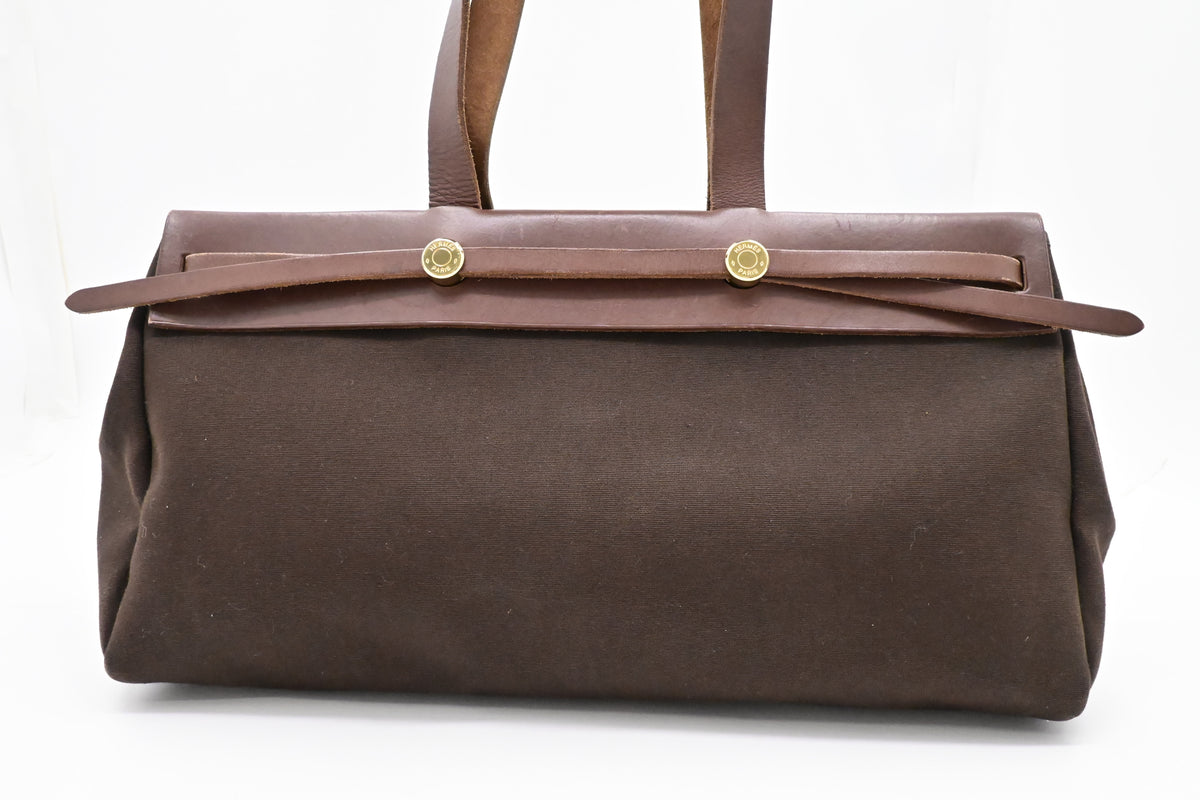 Hermes Herbag Cabas 40 in Brown Leather & Canvas