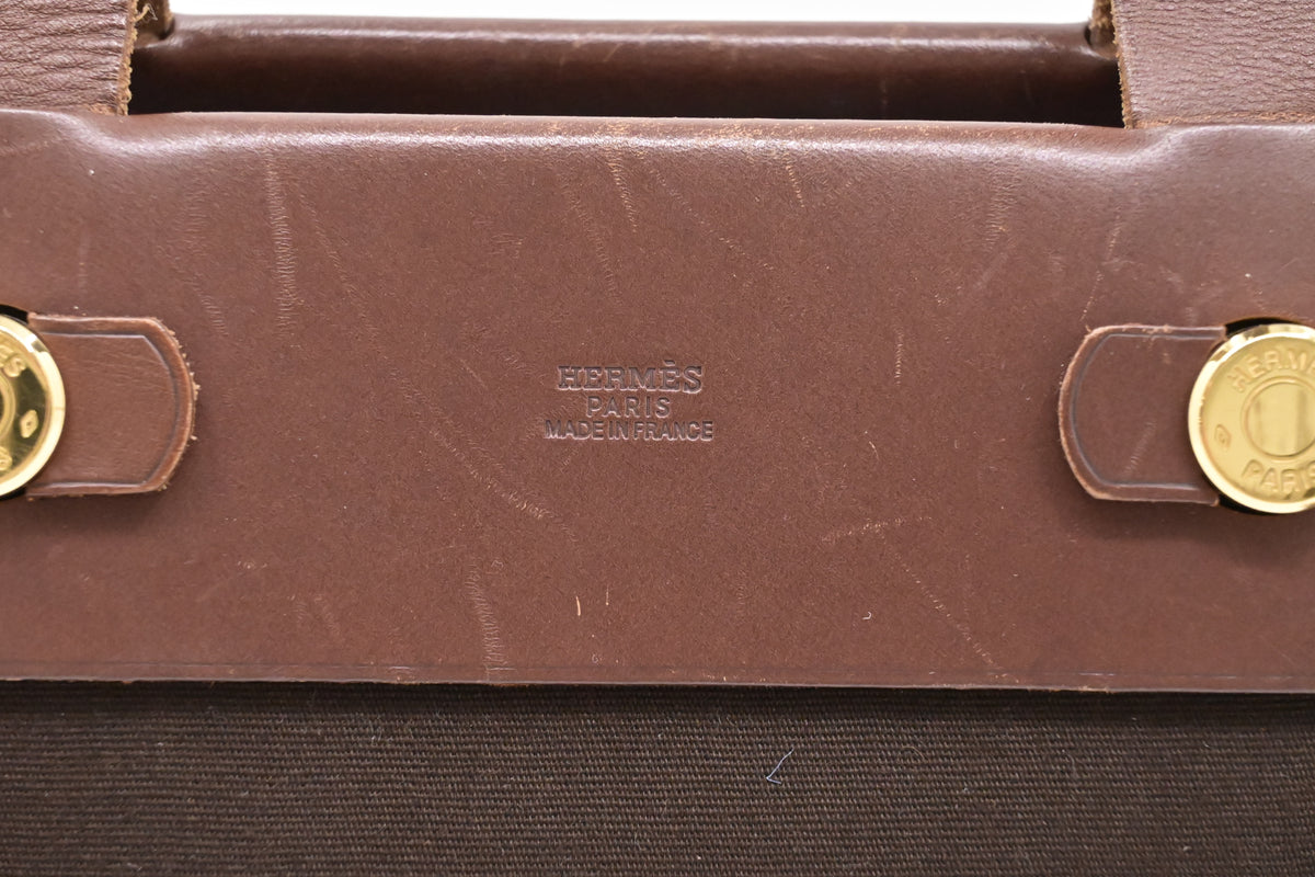 Hermes Herbag Cabas 40 in Brown Leather & Canvas