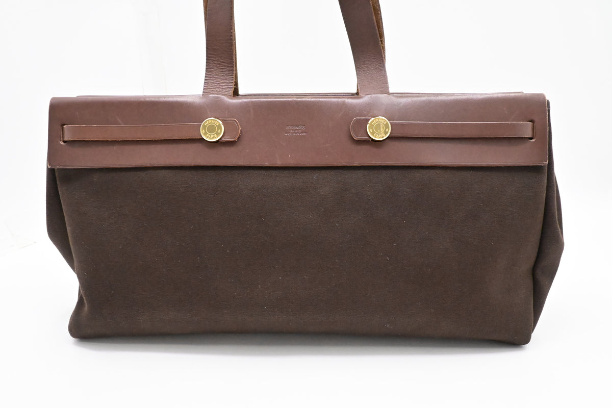 Hermes Herbag Cabas 40 in Brown Leather & Canvas