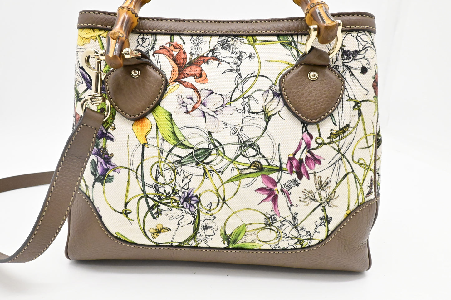 Gucci Bamboo 2way Bag in White Flora Canvas