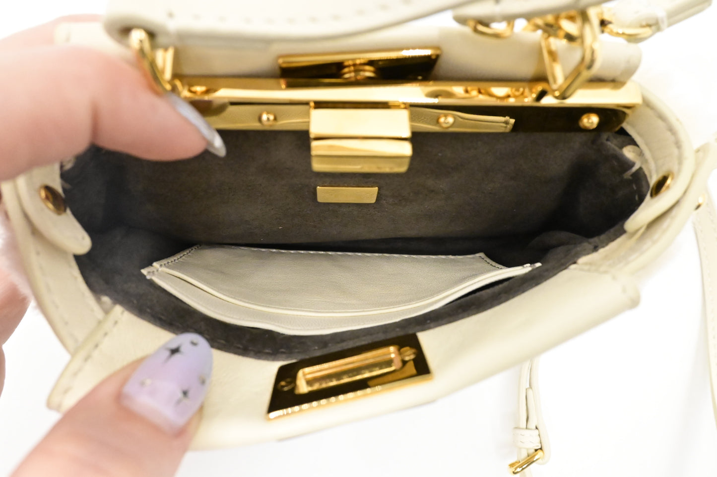 Fendi Montone Liscio Mini Peekaboo Crossbody in White Shearling