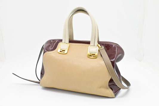 Fendi 2way Bag in Beige Leather and Red Patent Leather