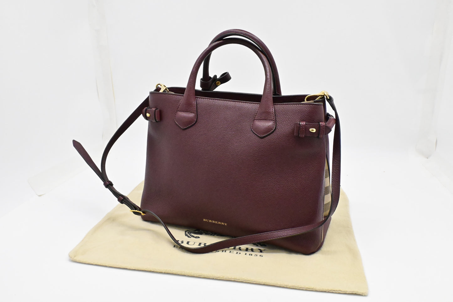 Burberry Banner House Check Medium Tote in Burgundy Leather