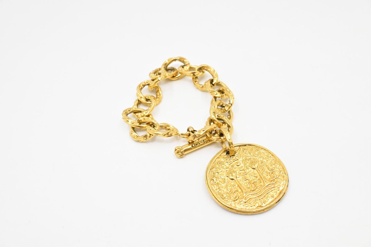 Chanel Gold Logo Round Medallion Chain Link Bracelet