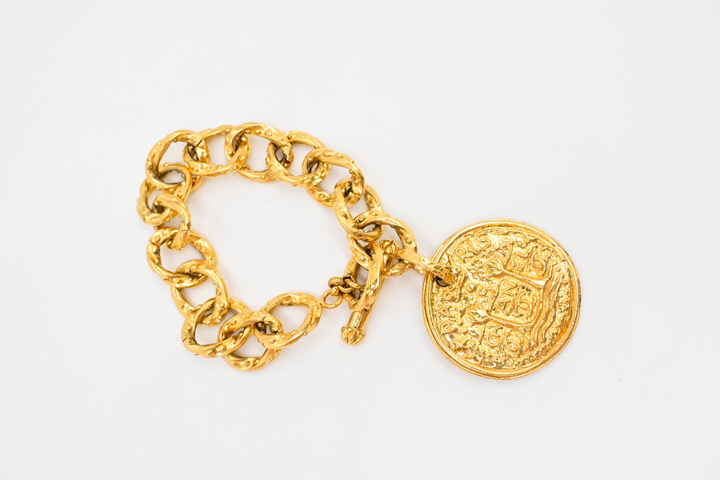 Chanel Gold Logo Round Medallion Chain Link Bracelet