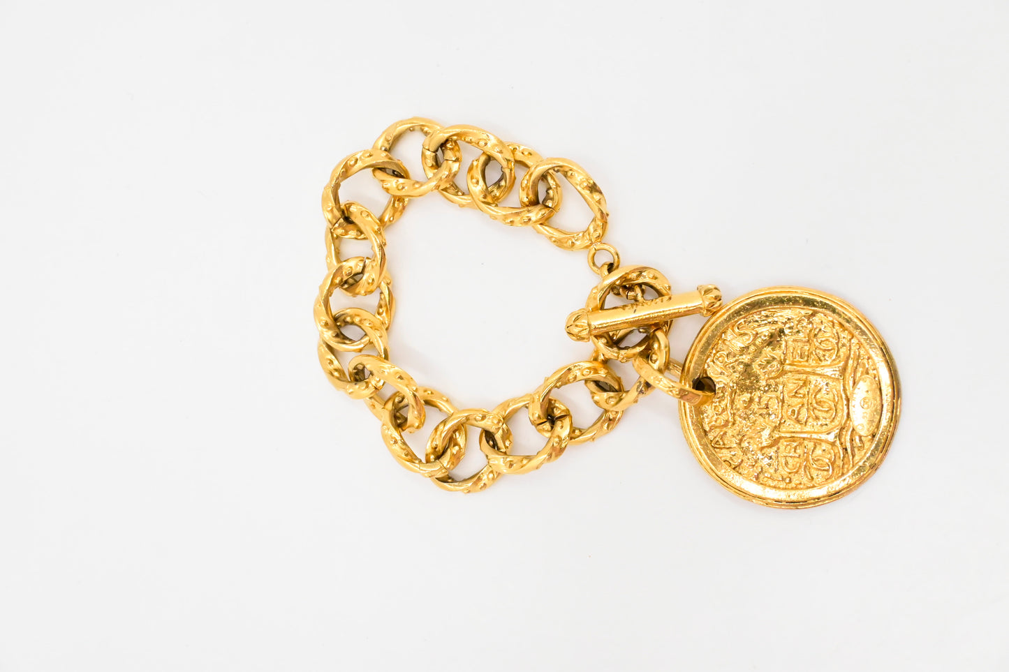 Chanel Gold Logo Round Medallion Chain Link Bracelet