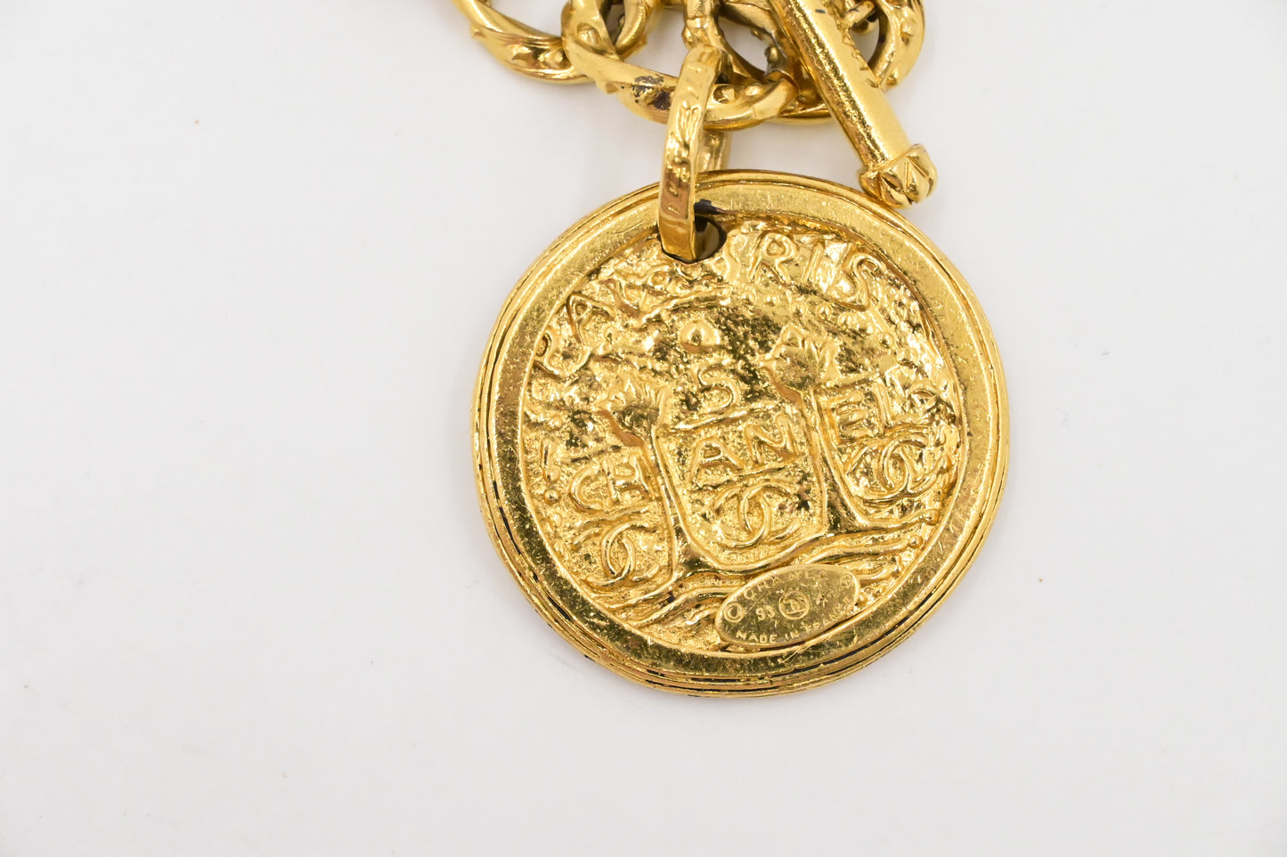 Chanel Gold Logo Round Medallion Chain Link Bracelet