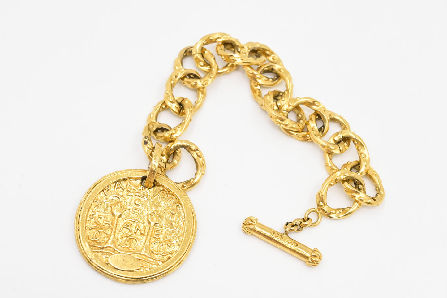 Chanel Gold Logo Round Medallion Chain Link Bracelet