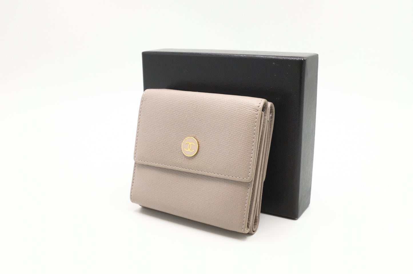 Chanel Compact Wallet in Grey Beige Leather
