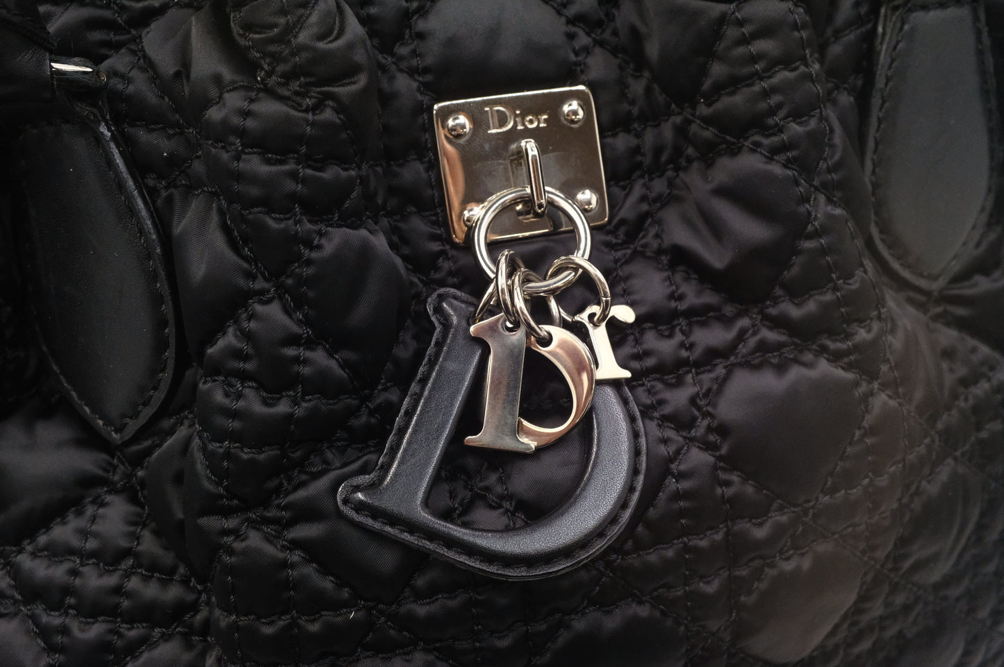 Dior Tote in Cannage Black Satin Canvas