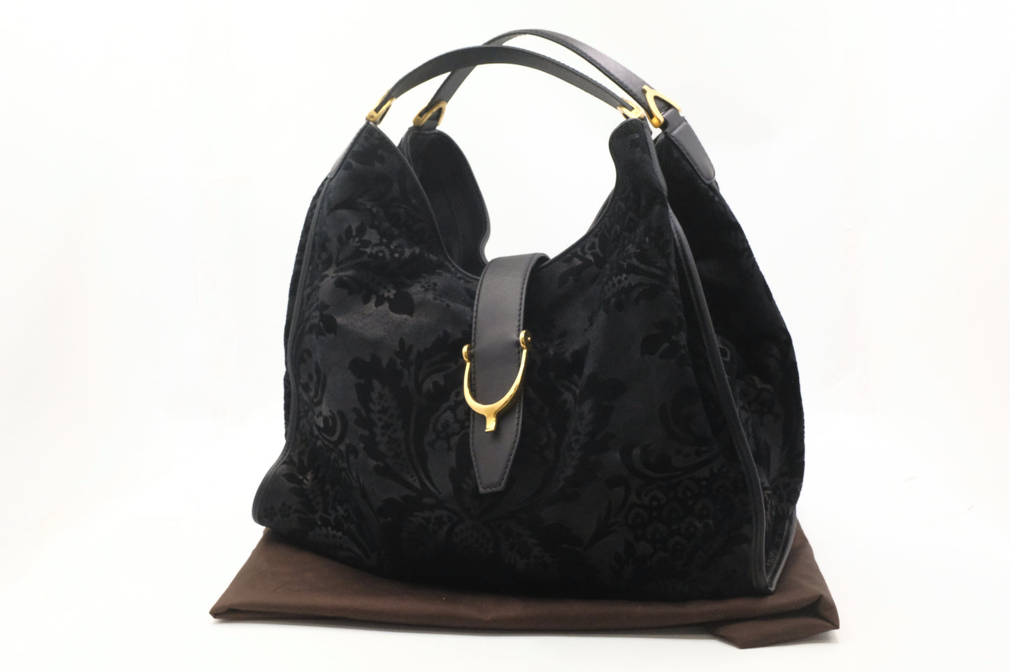 Gucci Soft Stirrup Tote in Brocade Black Nubuck Leather