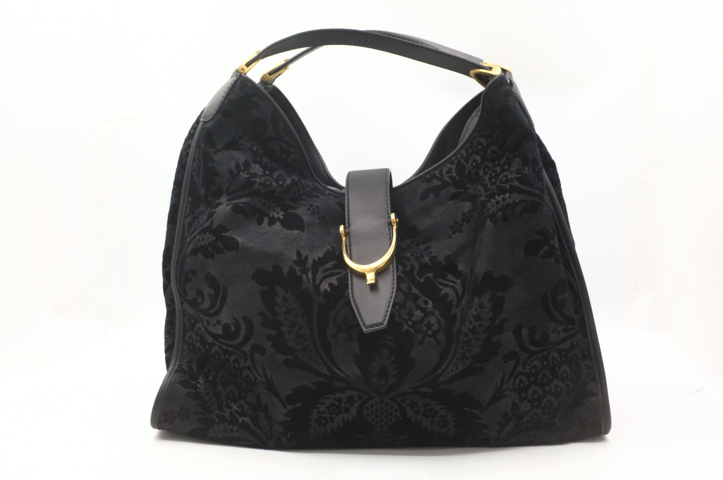 Gucci Soft Stirrup Tote in Brocade Black Nubuck Leather