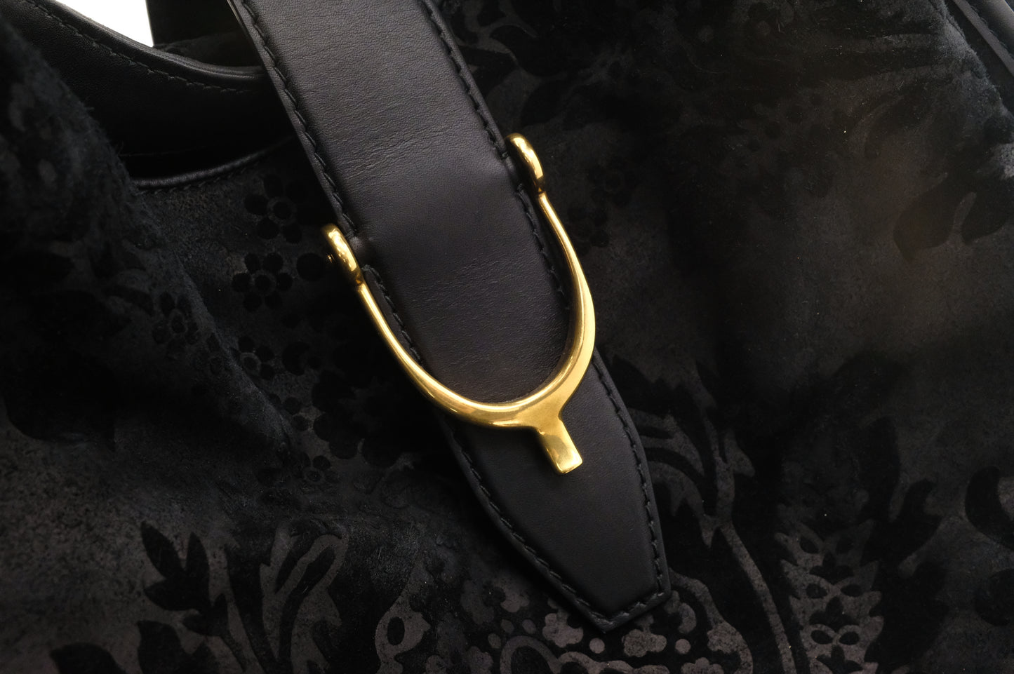 Gucci Soft Stirrup Tote in Brocade Black Nubuck Leather