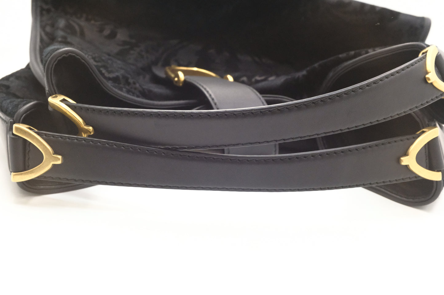 Gucci Soft Stirrup Tote in Brocade Black Nubuck Leather