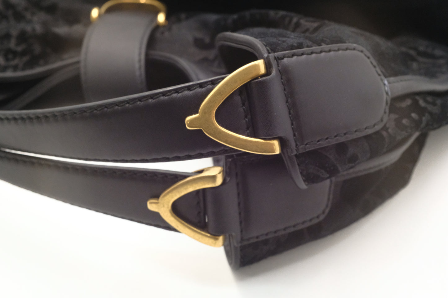 Gucci Soft Stirrup Tote in Brocade Black Nubuck Leather