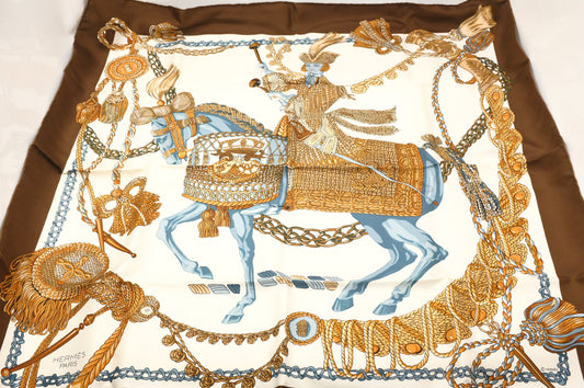 Hermes 'Le Timbalier' Carre 90 in Brown Silk