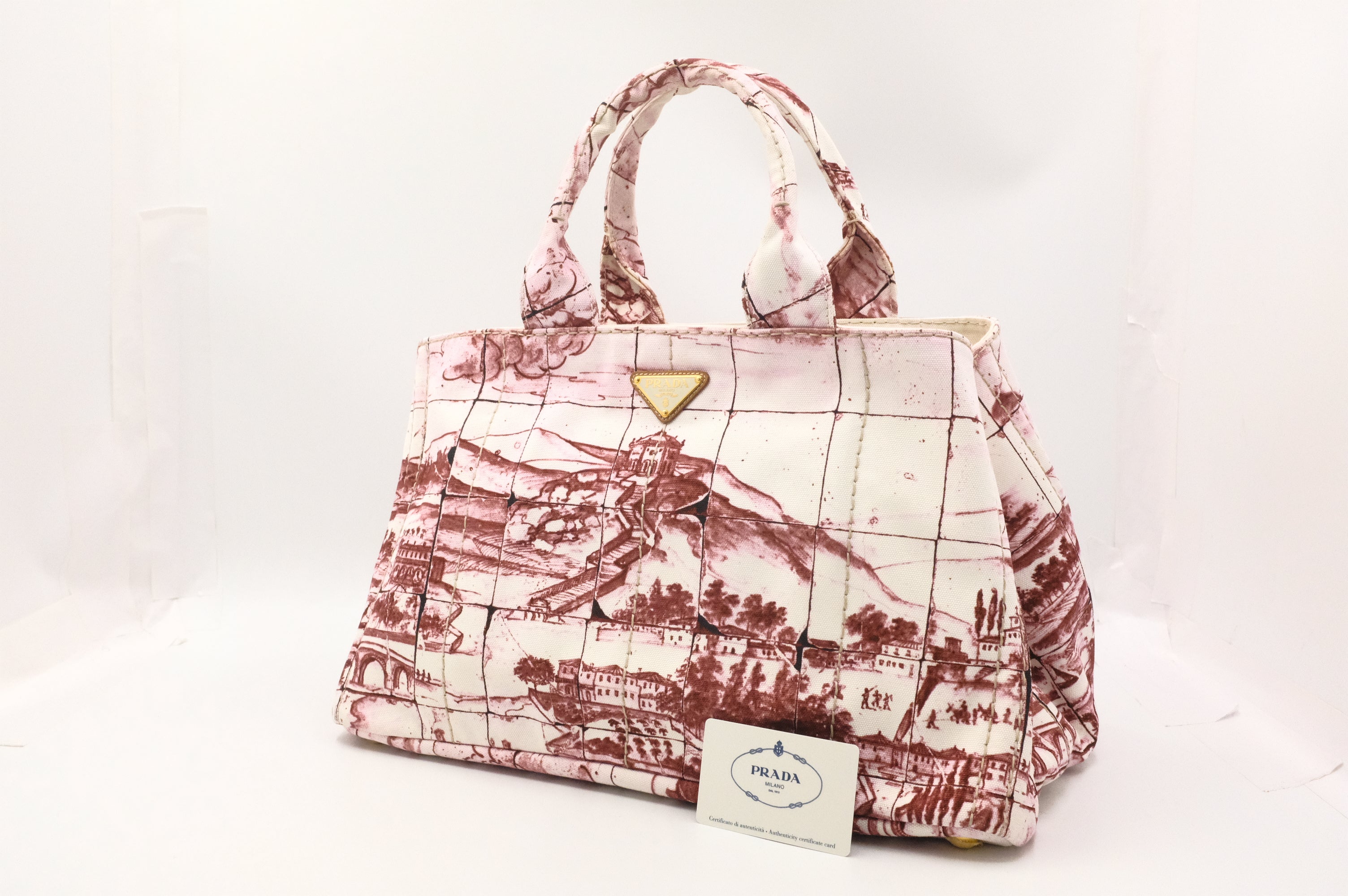 Prada Canapa GM Stampata in White and Burgundy Canvas Prada Canapa GM Stampata in White and Burgundy Canvas
