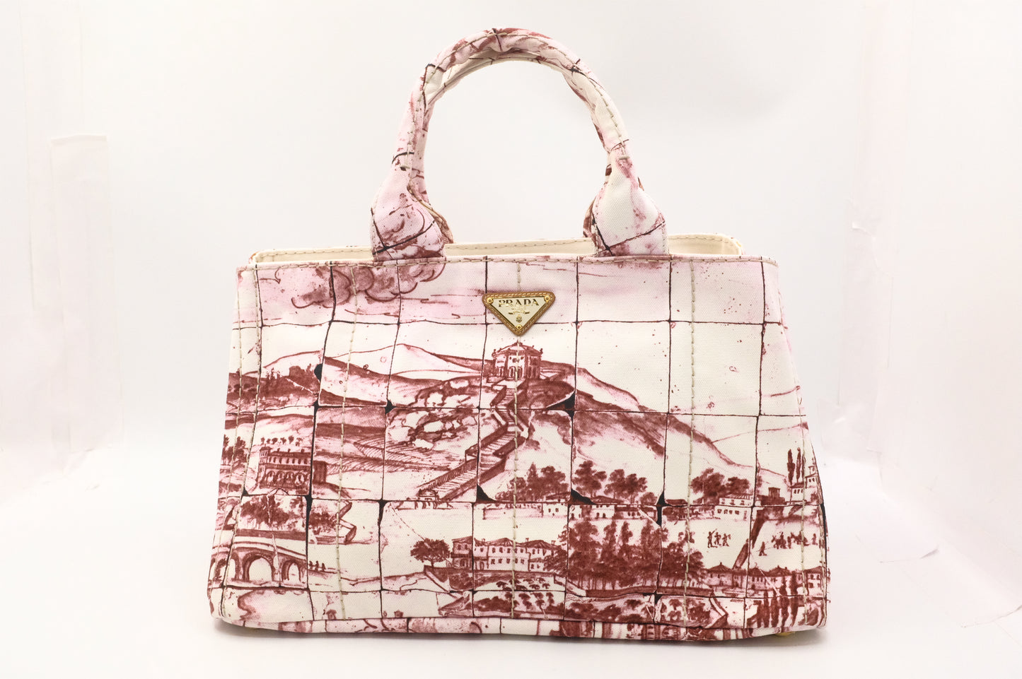 Prada Canapa GM Stampata in White and Burgundy Canvas
