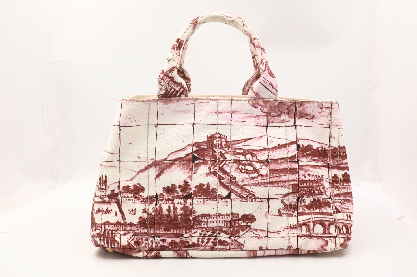 Prada Canapa GM Stampata in White and Burgundy Canvas