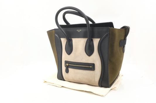 Celine Mini Luggage Tricolor in Beige, Black and Kaki Green Leather
