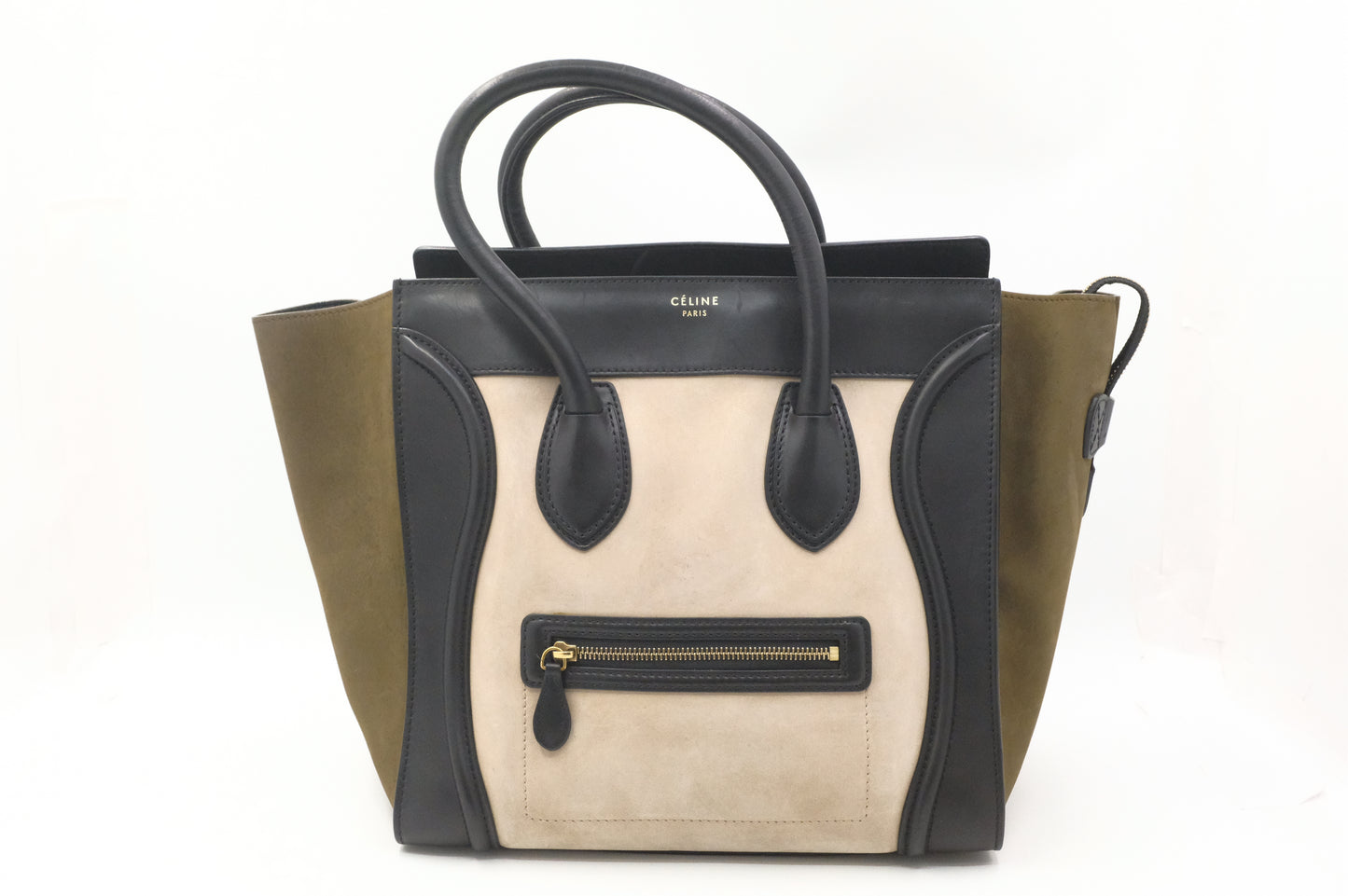 Celine Mini Luggage Tricolor in Beige, Black and Kaki Green Leather