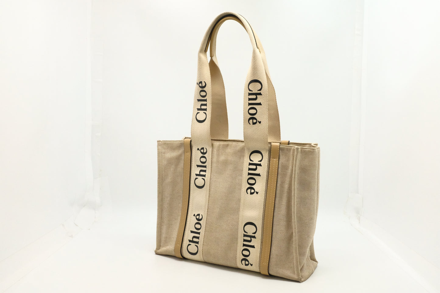 Chloe Woody Medium Tote in Beige Canvas