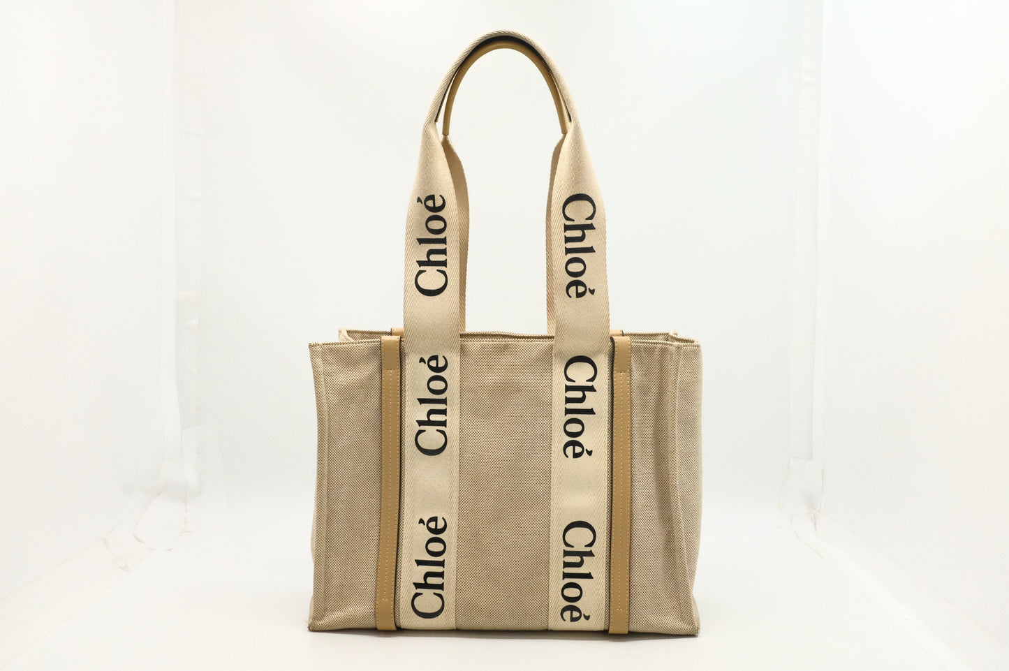 Chloe Woody Medium Tote in Beige Canvas