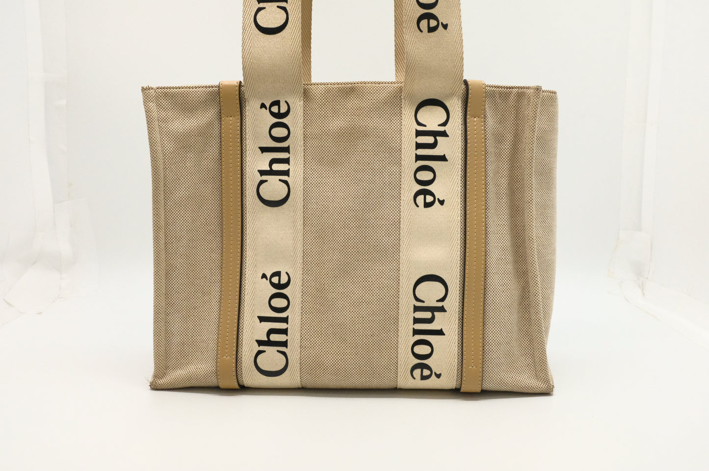 Chloe Woody Medium Tote in Beige Canvas