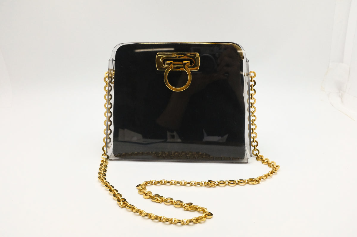 Ferragamo Gancini Shoulder Bag in Acrylic & Black Canvas
