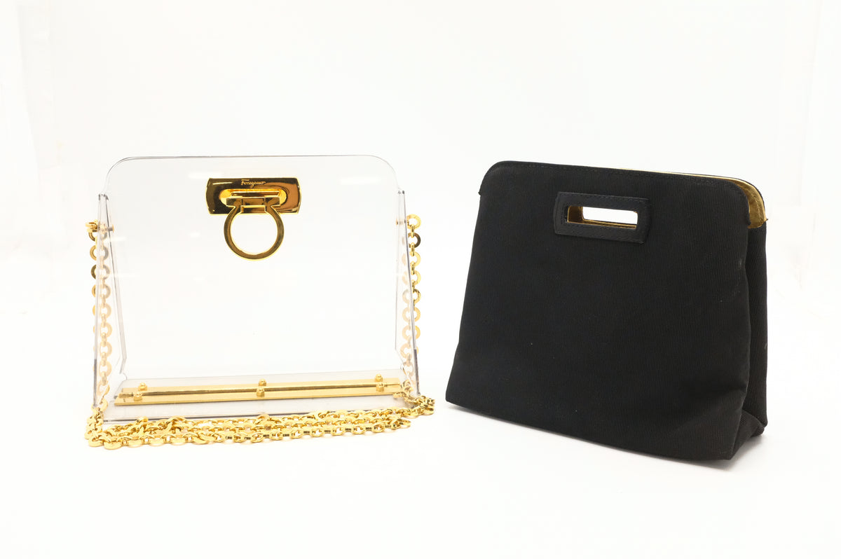Ferragamo Gancini Shoulder Bag in Acrylic & Black Canvas