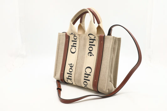 Chloe Woody Small 2-Way Tote in Beige Canvas