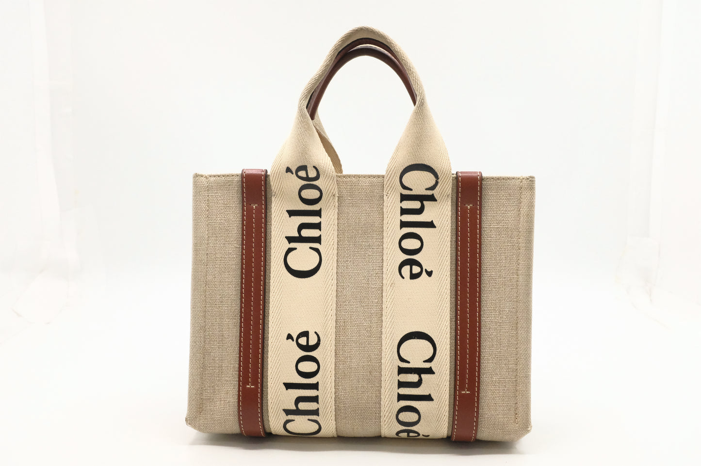 Chloe Woody Small 2-Way Tote in Beige Canvas