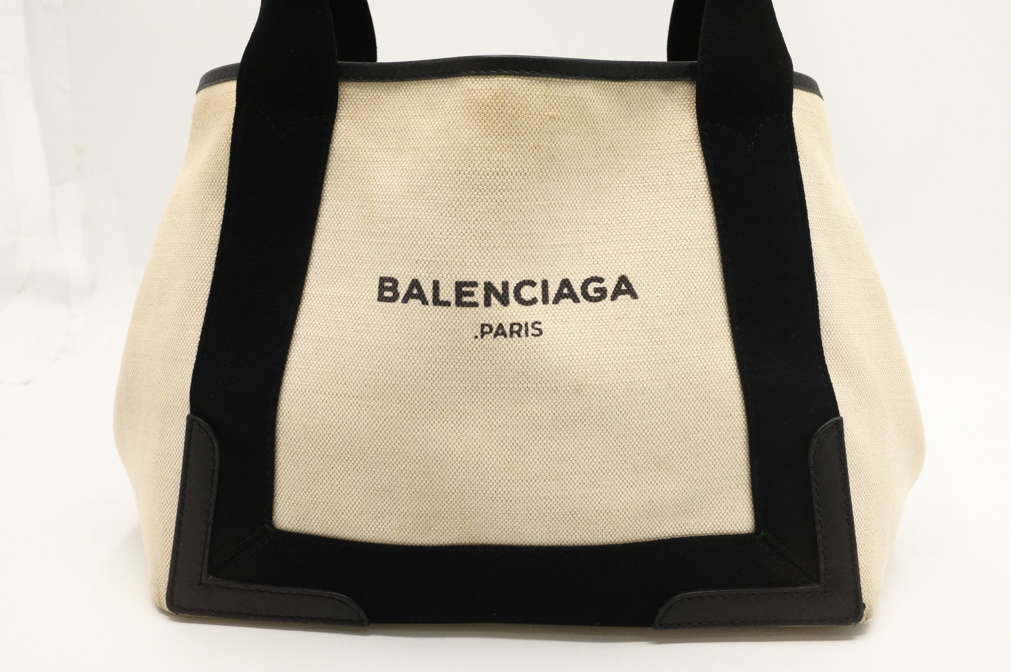 Balenciaga Navy Cabas Small Tote in Ecru and Black Canvas