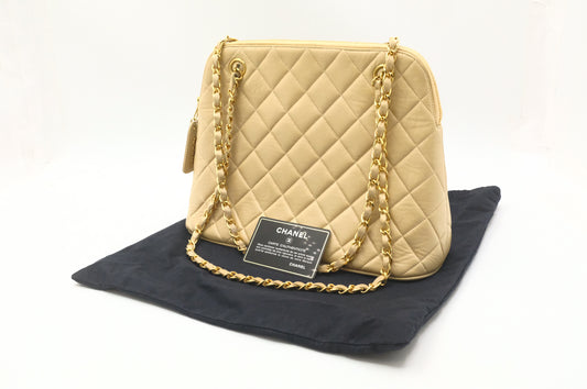 Chanel Chain Shoulder Bag in Beige Matelassé Leather