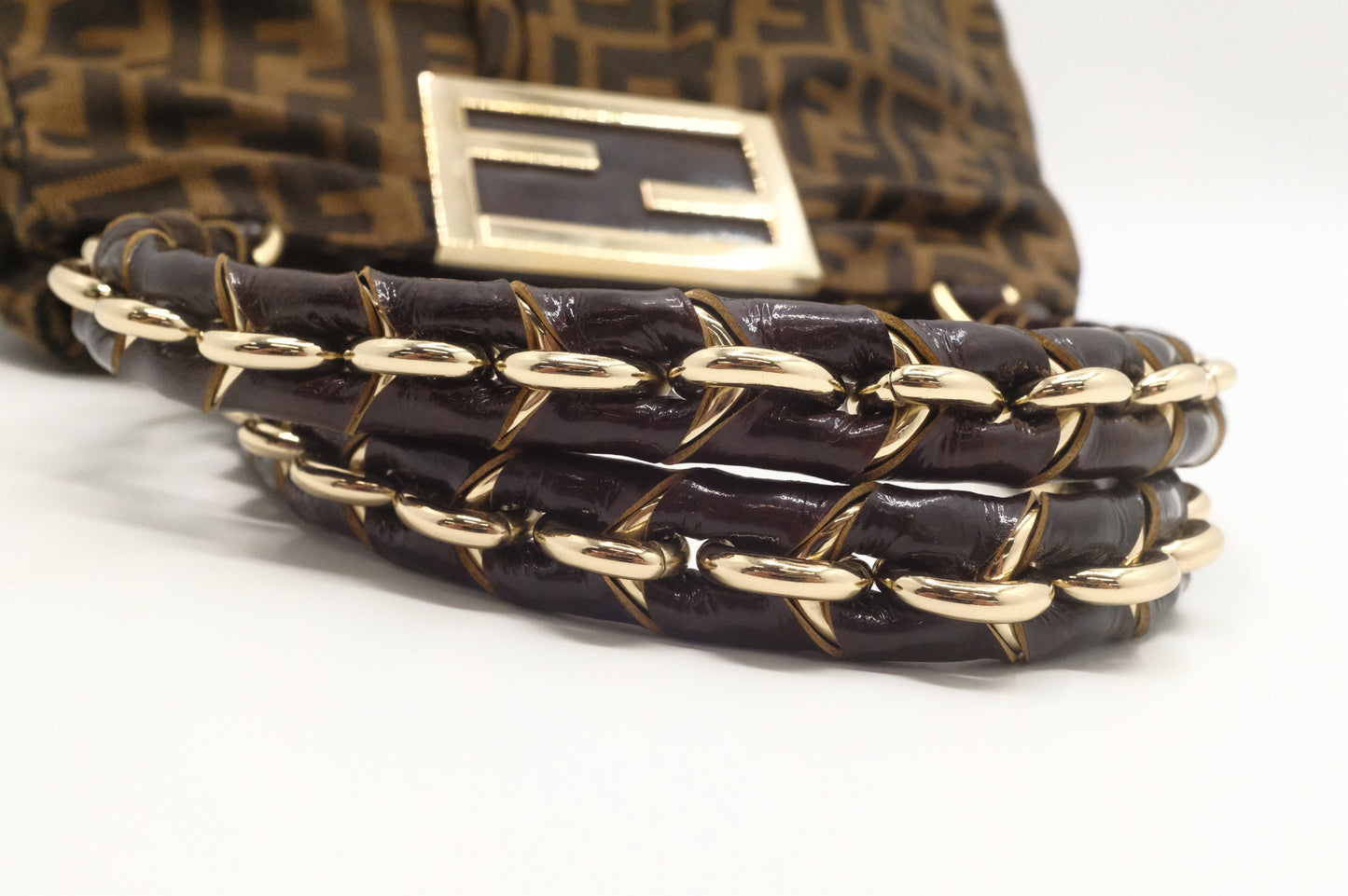 Fendi Mia Small Shoulder Bag in Zucca Canvas and Patent Leather