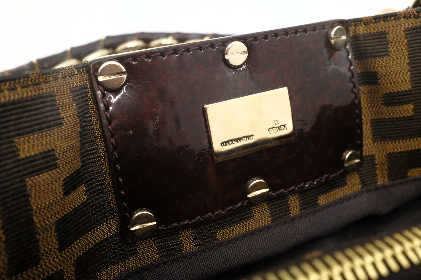 Fendi Mia Small Shoulder Bag in Zucca Canvas and Patent Leather