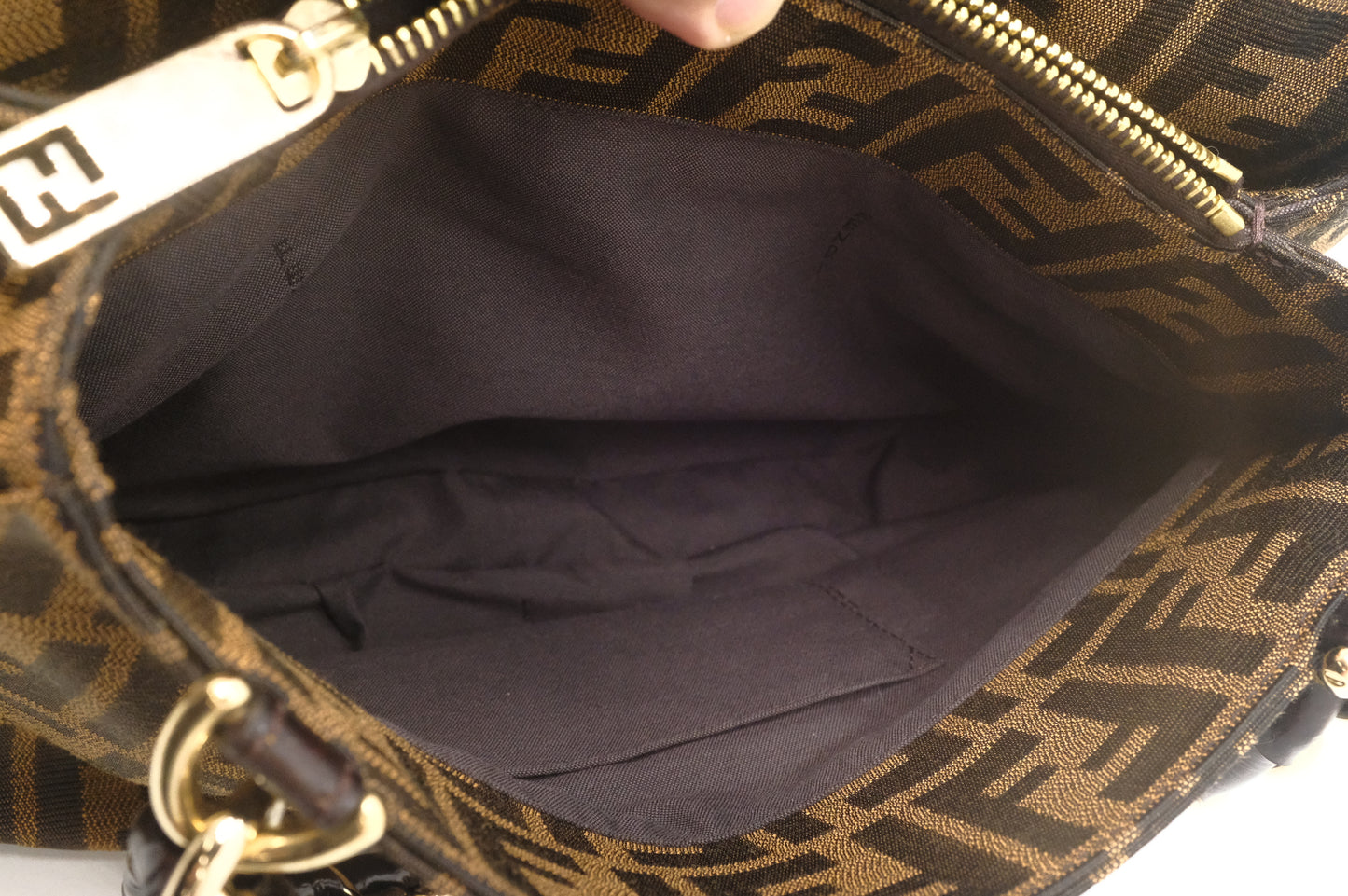 Fendi Mia Small Shoulder Bag in Zucca Canvas and Patent Leather